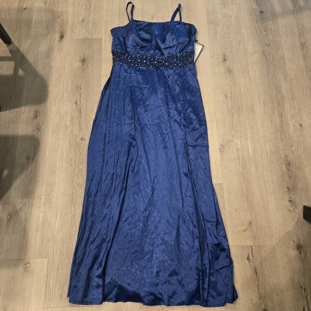 City Studio Formal Gown Dark Blue Beaded Spaghetti Strap Dress Sz 14W NWT